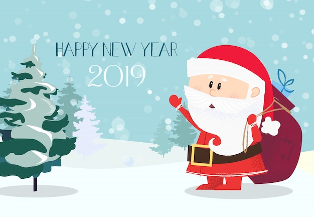 Happy New Year greeting card. Santa Claus carrying gifts