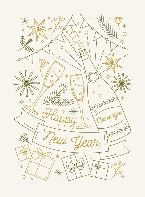 Happy New Year greeting card template with sparkling wine bottle and glasses