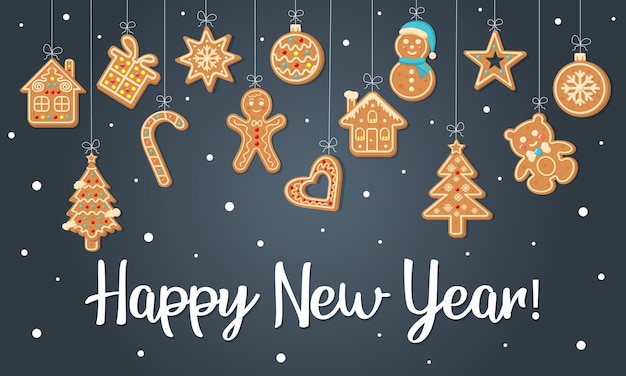 Happy New Year Greeting Card with hanging gingerbread cookies. Vector Illustration.