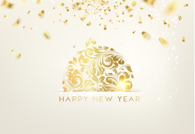 Happy new year greeting card with lettering and Golden confetti falls