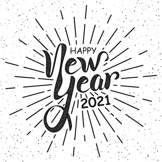 Happy New Year hand lettering in black and white retro style.