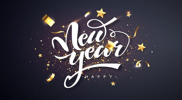 Happy new year. Happy New Year Banner with holyday decorative elements on dark background .