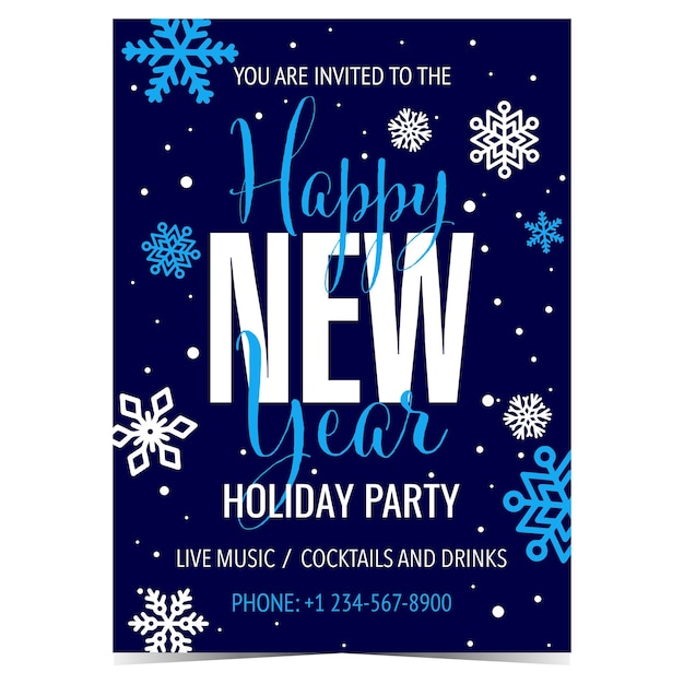 Happy New Year holiday party banner or invitation card with white snowflakes on blue background.