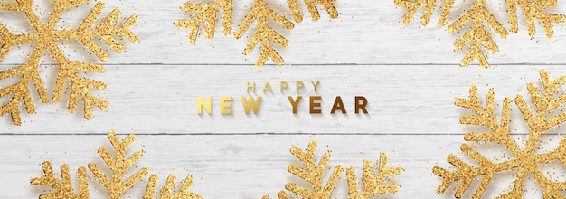 Vector happy new year horizontal banner, wood texture background with shining gold snowflakes