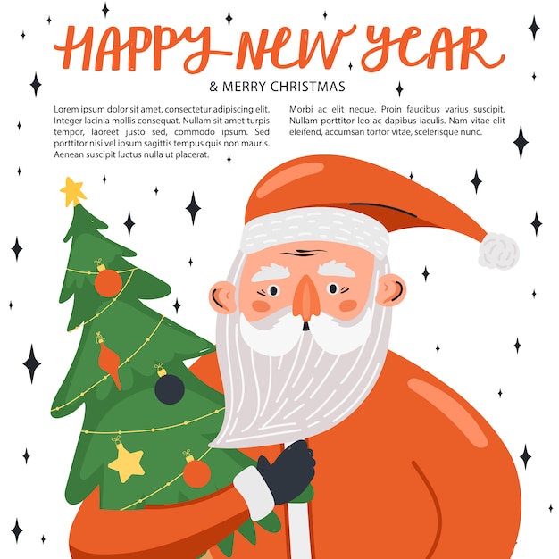 Happy New Year illustration with Santa Claus character with fir-tree.