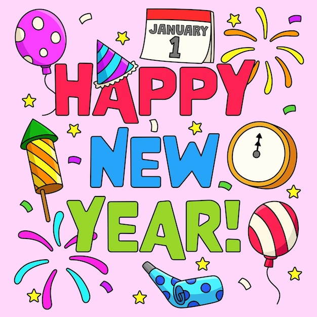 Happy New Year January 1 Colored Cartoon