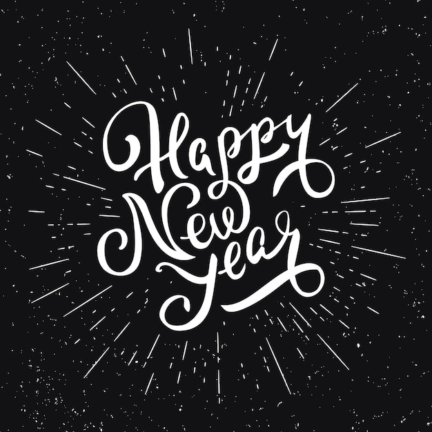 Happy New Year lettering on black background. Greeting card design template