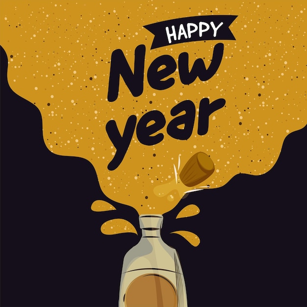 Happy New Year Lettering With Open Drink Bottle Against Yellow And Dark Background