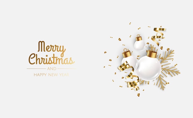 Happy New Year and Merry Christmas Background with realistic holiday ball White and gold christmas ballsshiny confetti and gold snowflake