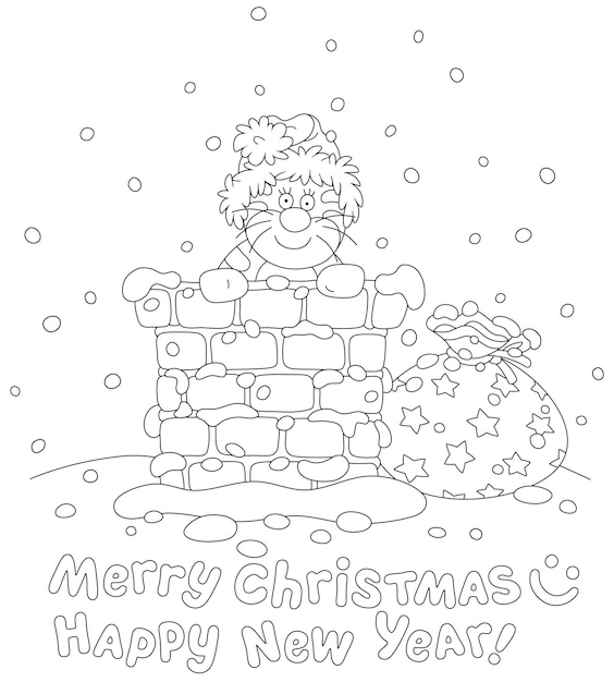 Happy New Year and Merry Christmas card with a funny cat in a Santa hat peeking out of a chimney