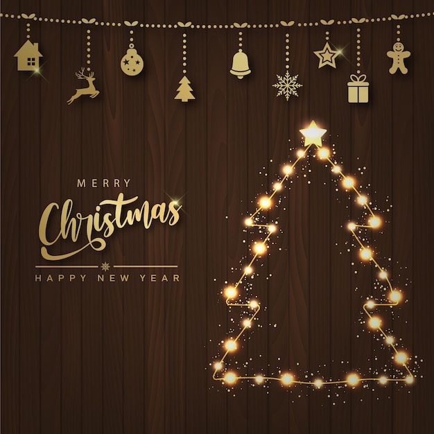 Happy New Year and Merry Christmas card with lighting Xmas tree and ornaments on wooden background. Vector