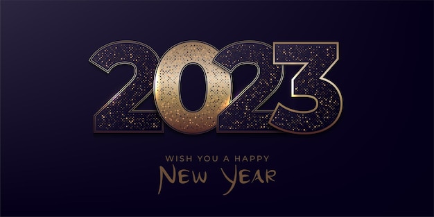 Happy New Year modern banner design with 2023 logo made of glittering black and gold numbers