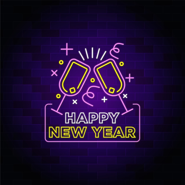 Happy new year neon sign with christmas win glass icon