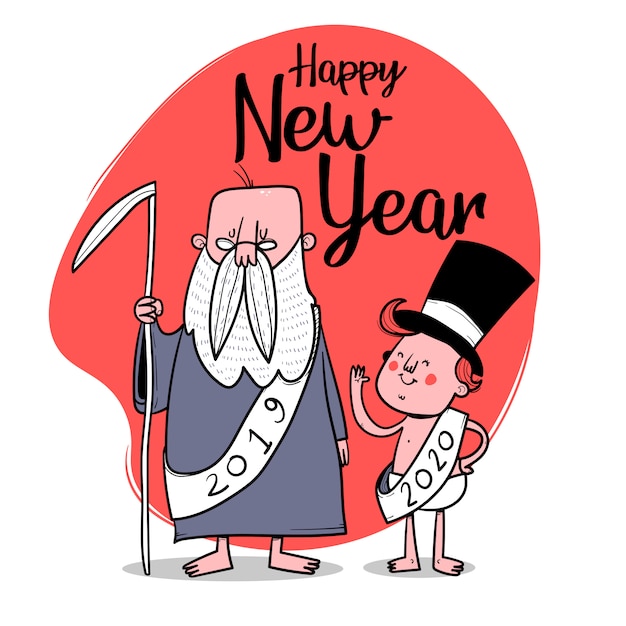 Happy New Year. Old year and new year characters. Vector illustration