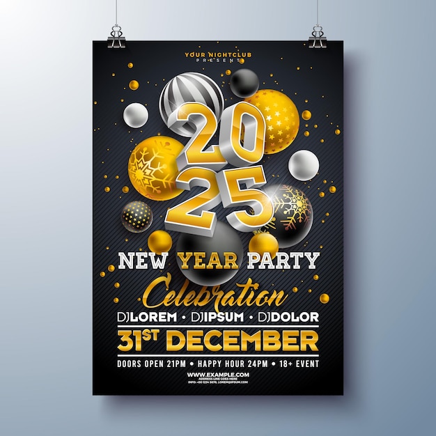 Vector happy new year party celebration poster template illustration with golden typography lettering and