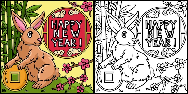 Happy New Year Rabbit Coloring Page Illustration