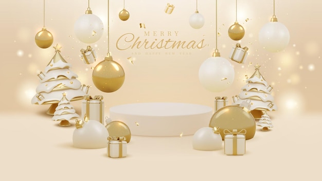 Happy new year and realistic 3d merry christmas ornaments Space for product banner promote