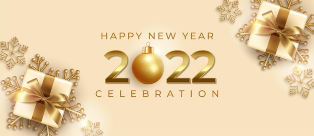 Happy new year realistic banner with golden christmas element decoration