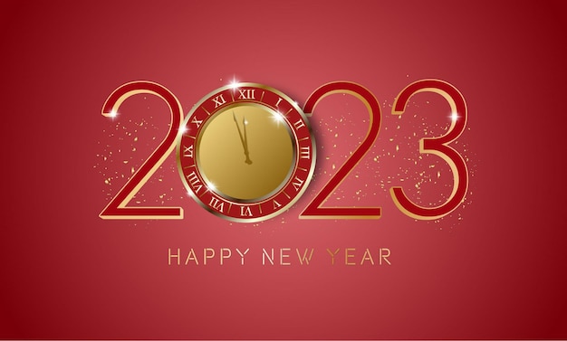 Happy new year red background with clock illustration on numbers 2023