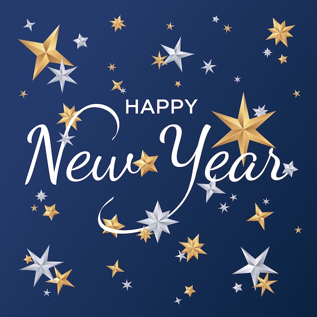 Happy New Year surprise card with gold and silver stars on dark blue background