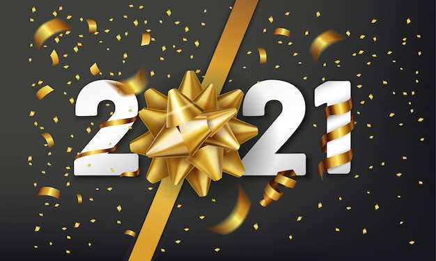  Happy New Year vector background with golden gift bow and confetti. 