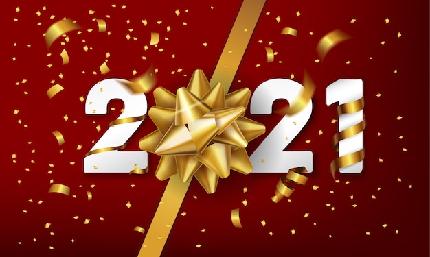  Happy New Year vector background with golden gift bow and confetti. 