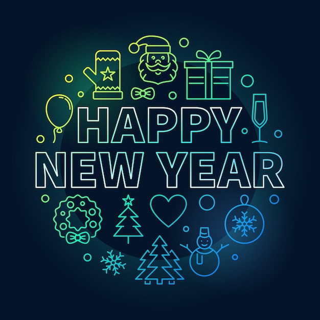 Happy New Year vector round colorful line illustration on dark background