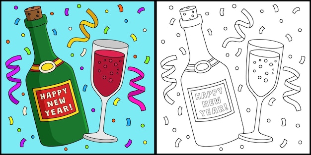 Happy New Year Wine Coloring Page Illustration