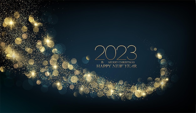 Happy new year with abstract shiny color gold wave design element and glitter effect on dark backgro