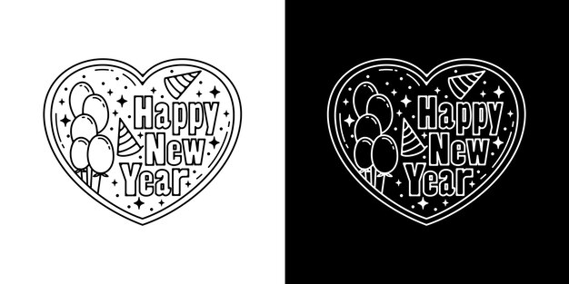 Happy New Year With Balloon In Love Monoline Design