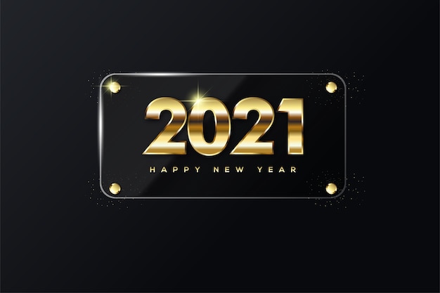 happy new year with a rectangular box and gold numbers in the middle