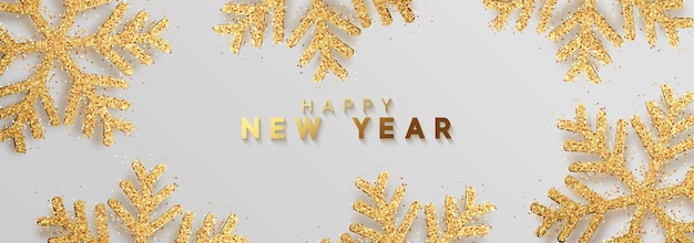 Happy New Year. Xmas background with Shining gold Snowflakes. Greeting card, holiday banner, web poster