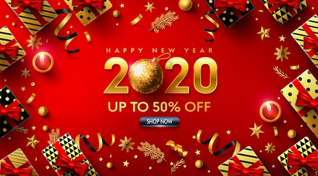 Happy New Years 2020 Red Poster with gift box and christmas decoration elements