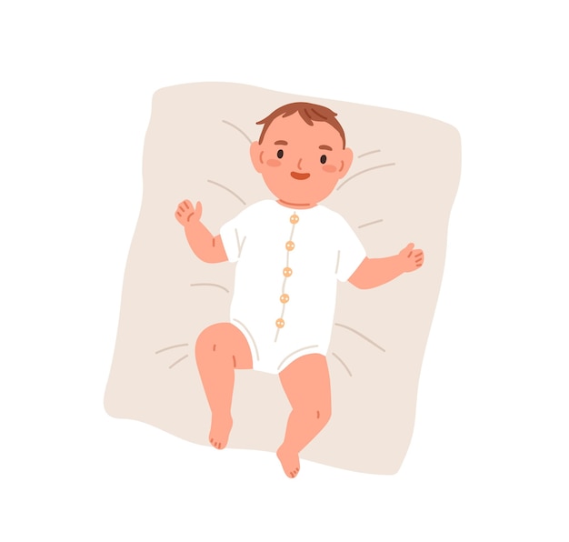 Happy newborn baby in bodysuit. Top view of smiling joyful infant in clothes. Adorable little boy lying on pillow. New born child. Flat vector illustration isolated on white background