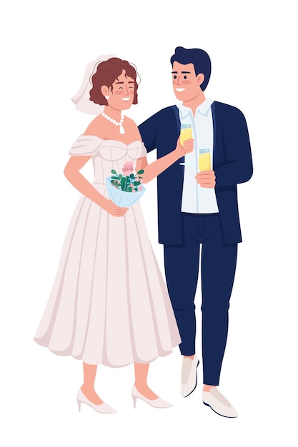 Happy newlyweds drinking sparkling wine semi flat color vector characters