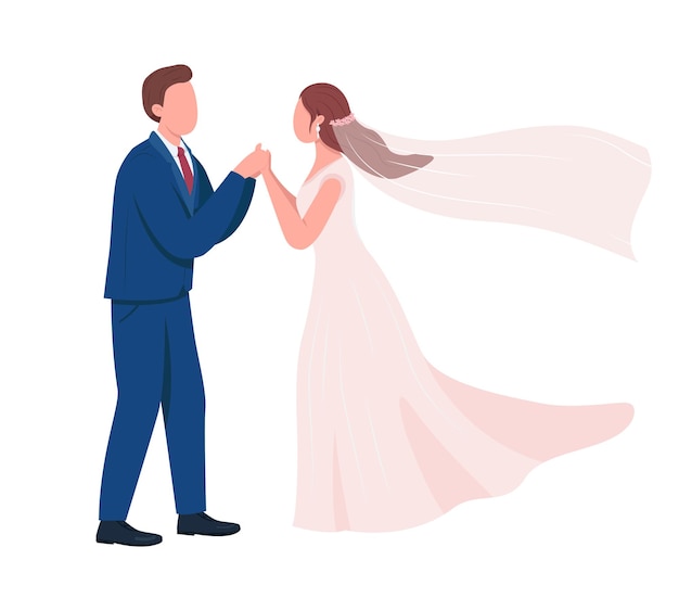 Happy newlyweds hold hands semi flat color vector characters. Two figures. Full body people on white. Wedding isolated modern cartoon style illustration for graphic design and animation