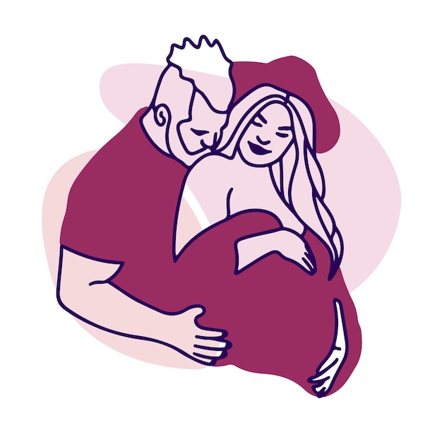 Vector happy newlyweds pregnant girl lovers hugging hat smile future parents doodle