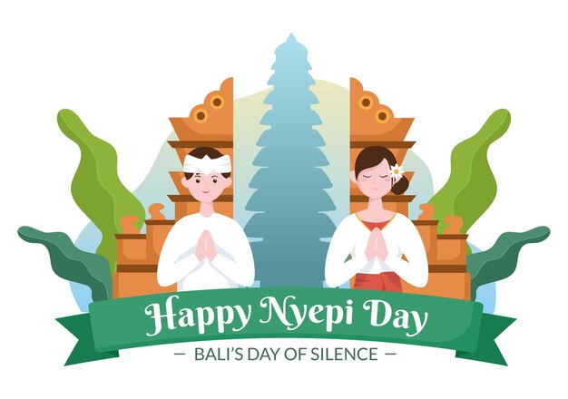 Vector happy nyepi day or balis silence for hindu ceremonies in bali with galungan kuningan illustration