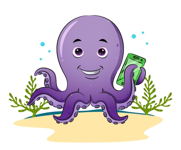 The happy octopus is holding the new smart phone with the tentacle of illustration