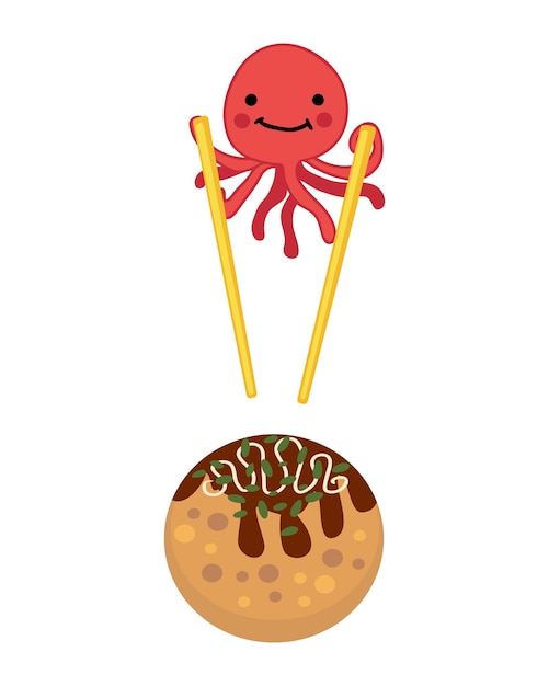 Happy octopus with takoyaki fried balls and chopsticks Perfect for tee poster sticker and print Isolated vector illustration for decor and design