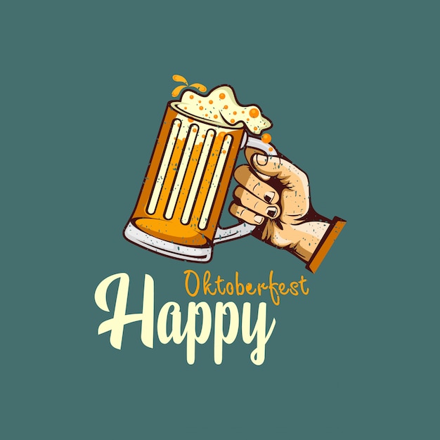 Happy Oktoberfest greeting design with hand holding beer glass