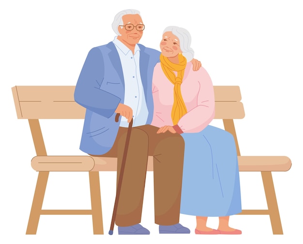 Happy old couple on bench Senior man and woman embrace