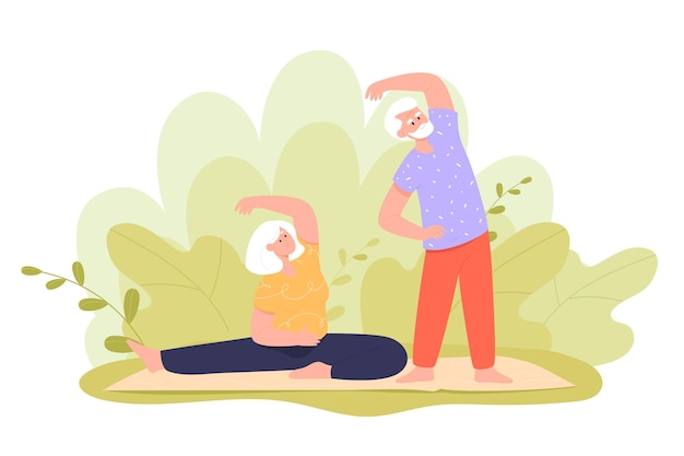 Vector happy old couple doing yoga outdoor flat vector illustration