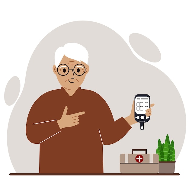 Happy old man holds a glucometer in his hand The concept of blood sugar control diabetic Vector flat illustration