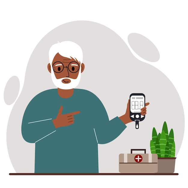 Happy old man holds a glucometer in his hand The concept of blood sugar control diabetic Vector flat illustration