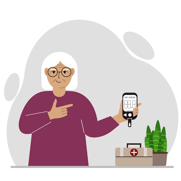 Happy old woman holds a glucometer in his hand The concept of blood sugar control diabetic Vector flat illustration