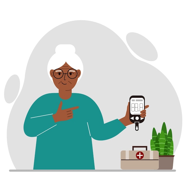 Happy old woman holds a glucometer in his hand The concept of blood sugar control diabetic Vector flat illustration