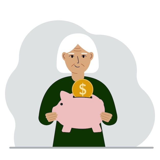 Happy old woman holds a piggy bank a coin falls into the piggy bank The concept of saving finance savings investing finances Vector flat illustration