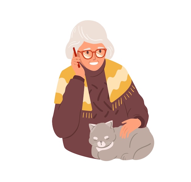 Happy old woman talking on mobile phone. Granny calling by smartphone. Grandma in glasses using cellular. Colored flat vector illustration of aged lady and cellphone isolated on white background.