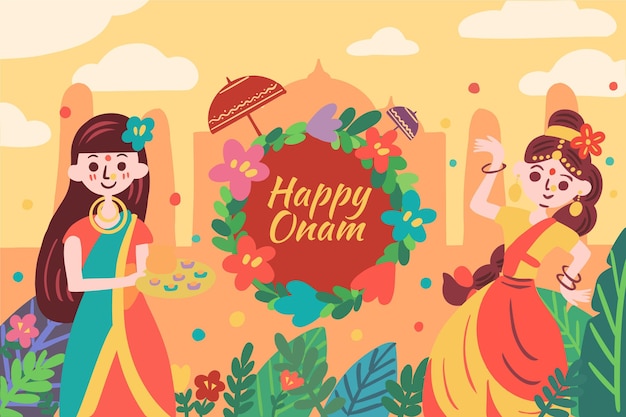 Happy onam with women and flowers